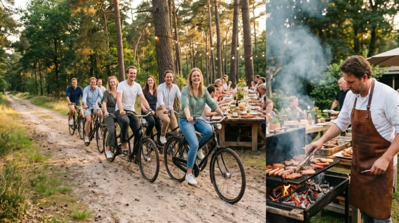 Groep komt op fietsen aan bij de barbecue op de Veluwe