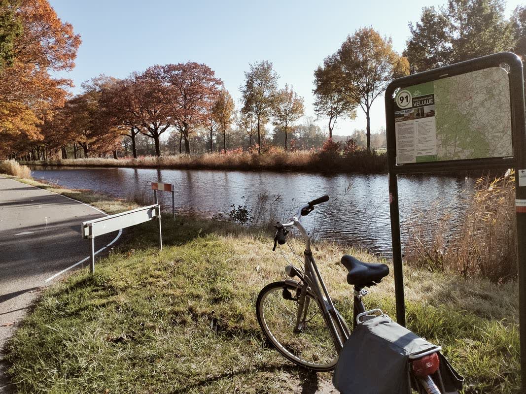 Fietsroute over de Veluwe langs het water bij een fietsknooppunt, in het najaar